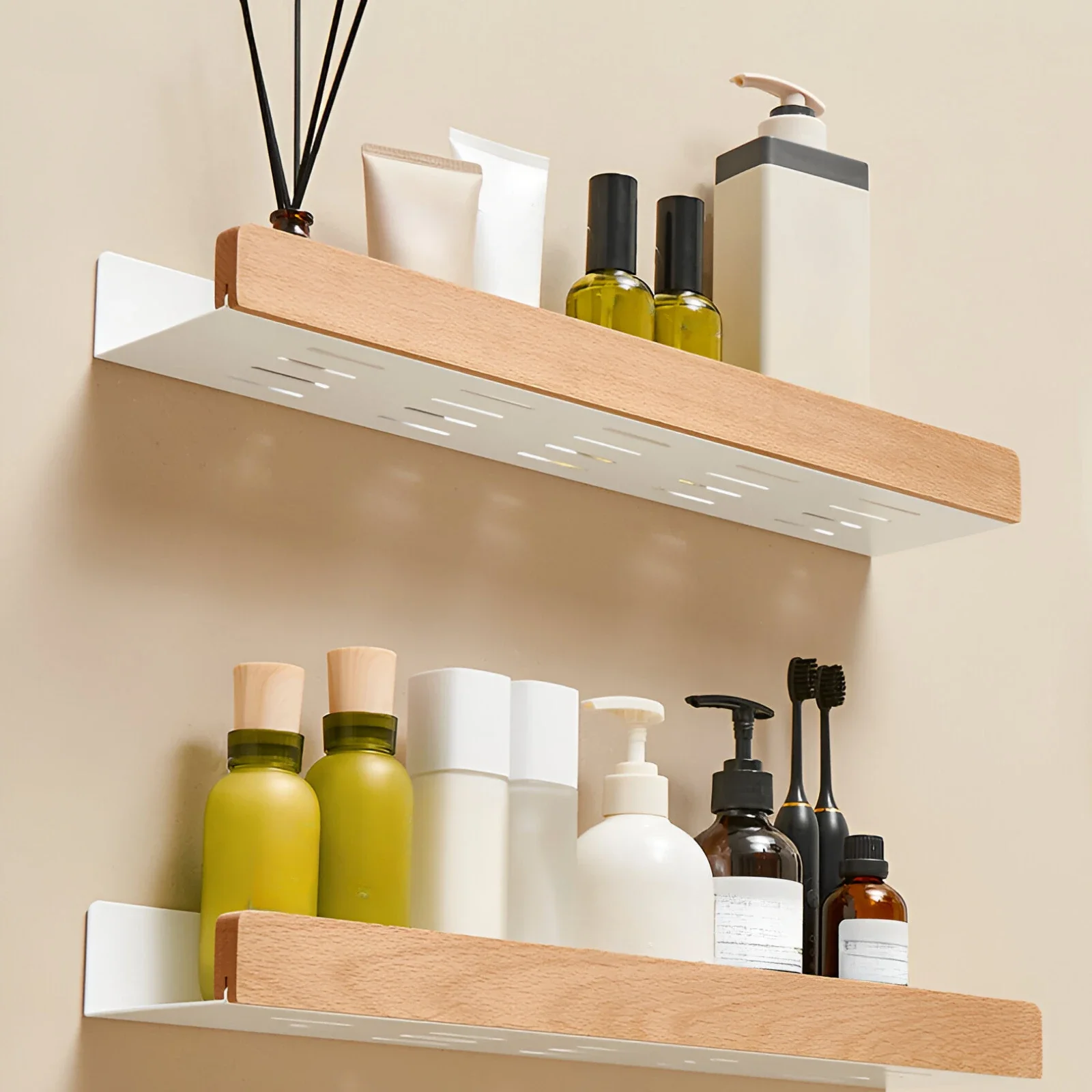 Étagère de rangement de salle de bain en bois de hêtre, lumière murale de luxe pour salon, support de rangement de salle de bain non perforé, étagère de salle de bain