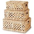 Chi An Home 14 Inch Wicker Storage Baskets with Lids, Set of 3 Lidded Hyacinth Baskets for Organizing, Woven Rectangular Basket Boxes for Storage, Basket with Top, Decorative Rattan Chest Organizer