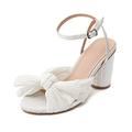 Womens High Block Heel Sandals Womens Sandals Heeled Sandals Fashion Open Toe Ankle Buckle Strap Pleated Bow Heel Sandals Wedding Dress Shoes Pumps,White,6