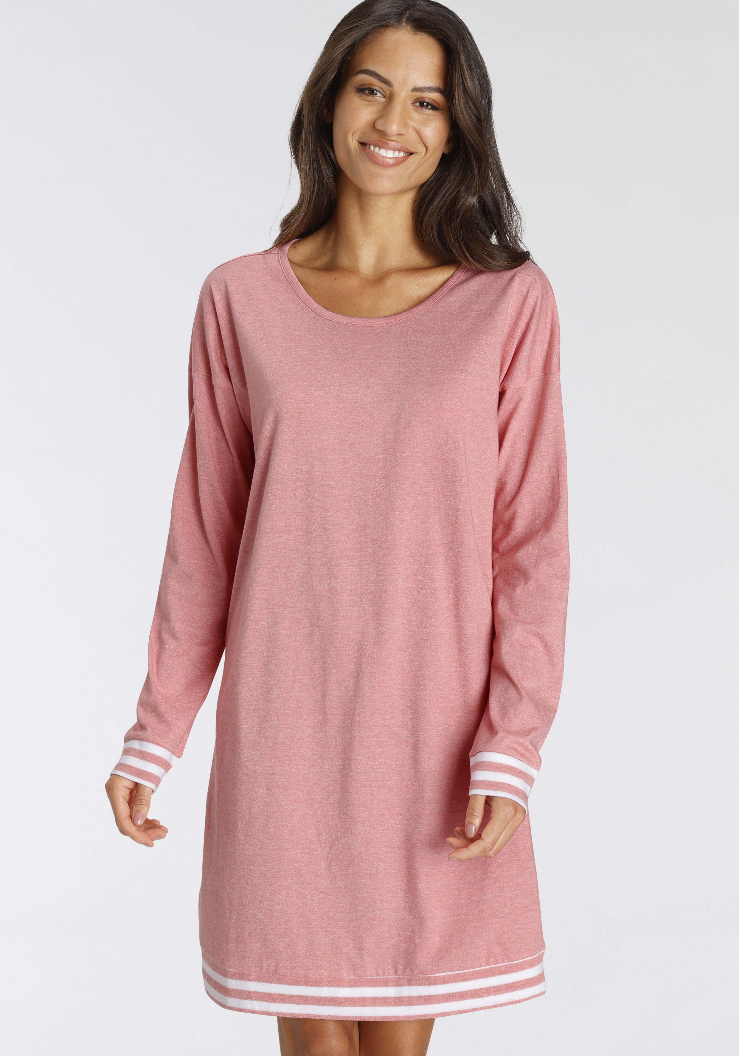 Sleepshirt VIVANCE DREAMS, Damen, Gr. 32/34, N-Gr, rosa (rosa meliert), Obermaterial: 50% Baumwolle, 50% Polyester, Basic, Basic kurz, Rundhals, angesetztes Bündchen kontrastfarben, Kleider, mit Streifen-Details Image