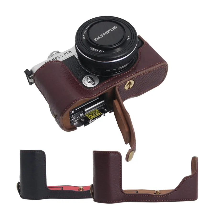 Custodia in vera pelle per fotocamera Custodia per metà corpo per Olympus PEN E-P7 EP7 con apertura della batteria Custodia in pelle PU