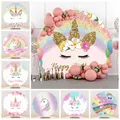 Rainbow Unicorn Round Background Cover Gold Glitter Unicorn Floral Girls Baby Birthday Circle