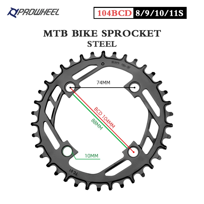 Prowheel 104BCD Corona rotonda MTB Bike 32T 34T 36T 38T 40T Ruota dentata larga stretta Corona per bicicletta da montagna Piastra dentata in acciaio