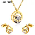 LUXUSTEEL Cubic Zirconia Round Double Necklace Earrings Jewelry Sets For Women Girl bijoux Stainless