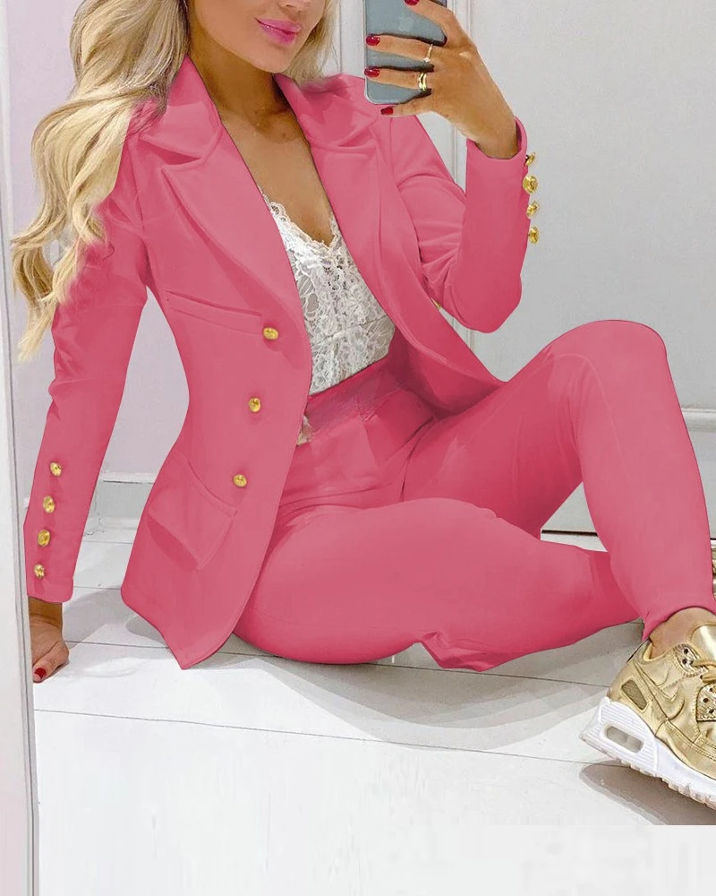 Set di pantaloni da donna in due pezzi blazer doppiopetto da lavoro formale pantaloni da giacca Set da 2 pezzi abiti eleganti da donna Office Lady