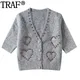 TRAF Beaded Hearts Cropped Cardigan Woman Grey Knitted Cardigan For Women V Neck Short Sleeve