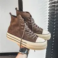 Vintage Brown Canvas Shoes Men High Top Sneakers Women Couple Espadrilles Comfortable Casual