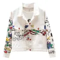 Cartoon Graffiti Print Denim Jackets Women's Spring Autumn 2024 Fashion New White Jean Jacket Female