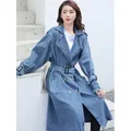 Mid-length Blue Denim Trench Coat With Belt Vintage Loose Long Sleeve Frayed Women Windbreaker