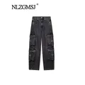 TRAF 2024 Denim Cargo Pants donna pantaloni a vita media Streetwear pantaloni larghi pantaloni moda