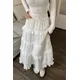 Women Chic High Waist Lace Tiered Long Skirt Gentle Style Hook Flower Half Skirt White A-line Full