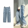 Men's Straight Big Pocket Wide Leg Baggy Jeans Fashion Men Floor Length Streetwear Loose Denim