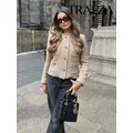 TRAFZA Autumn Fashion Womens Tweed Button Short Jacket Long Sleeve Camel Jackets Coats Women Frayed