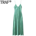 TRAF Sleeveless Green Slip Dress Woman Satin Long Dresses For Women Cut Out Backless Party Dresses