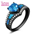 AMORUI Vintage Black Gold Color Rainbow Purple Green Blue CZ Stone Heart Wedding Rings for Women