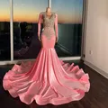 Pink African American Prom Dresses Mermaid Long Sleeves Beaded Crystals Black Girls Nigeria Robe De