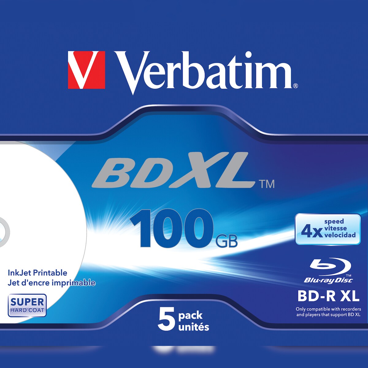 Verbatim BD-R XL 100 GB* 4x, mit Tintenstrahldrucker großflächig bedruckbar, Jewel Case, 5er-Pack Image