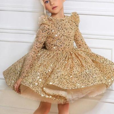 Kids Little Girls' Dress Sequin A Line Dress Party Performance Sequins Sparkle Yellow Asymmetrical Long Sleeve Princess Sweet Dresses Summer Regular Fit 3-12 Years