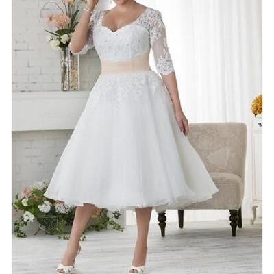 TS Reception Wedding Dresses A-Line Illusion Neck V Neck Half Sleeve Tea Length Lace Bridal Gowns With Lace Appliques 2025