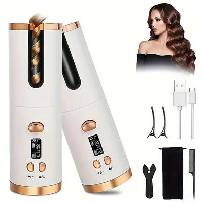 Cordless Automatic Curling Iron - USB Rechargeable Anti-Tangle Ceramic Cylinder Quick Heating 5-Level Temperature Control - Perfect For Long Hair Includes Gift Box