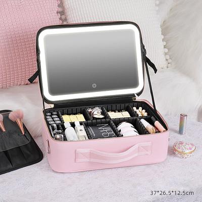 LED Lighted Travel Makeup Bag, Cosmetic Bag Portable Portable Makeup Storage Bag, Adjustable Dividers, Mirror, and Magnifying Lens