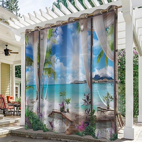 Wasserdichter Outdoor Vorhang Außenvorhang für Privatsphäre, Außenjalousien, verschiebbare Terrassenvorhangvorhänge, Pergolavorhänge mit Ösen, Meeresstrand für Pavillon, Balkon, Veranda, Party Image