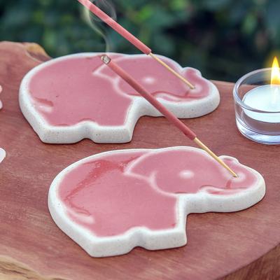 'Handcrafted Elephant-Shaped Pink Incense Holders (Pair)'