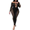 Women Jumpsuit Long Sleeve Off-shoulder Hollowed See-through Romper