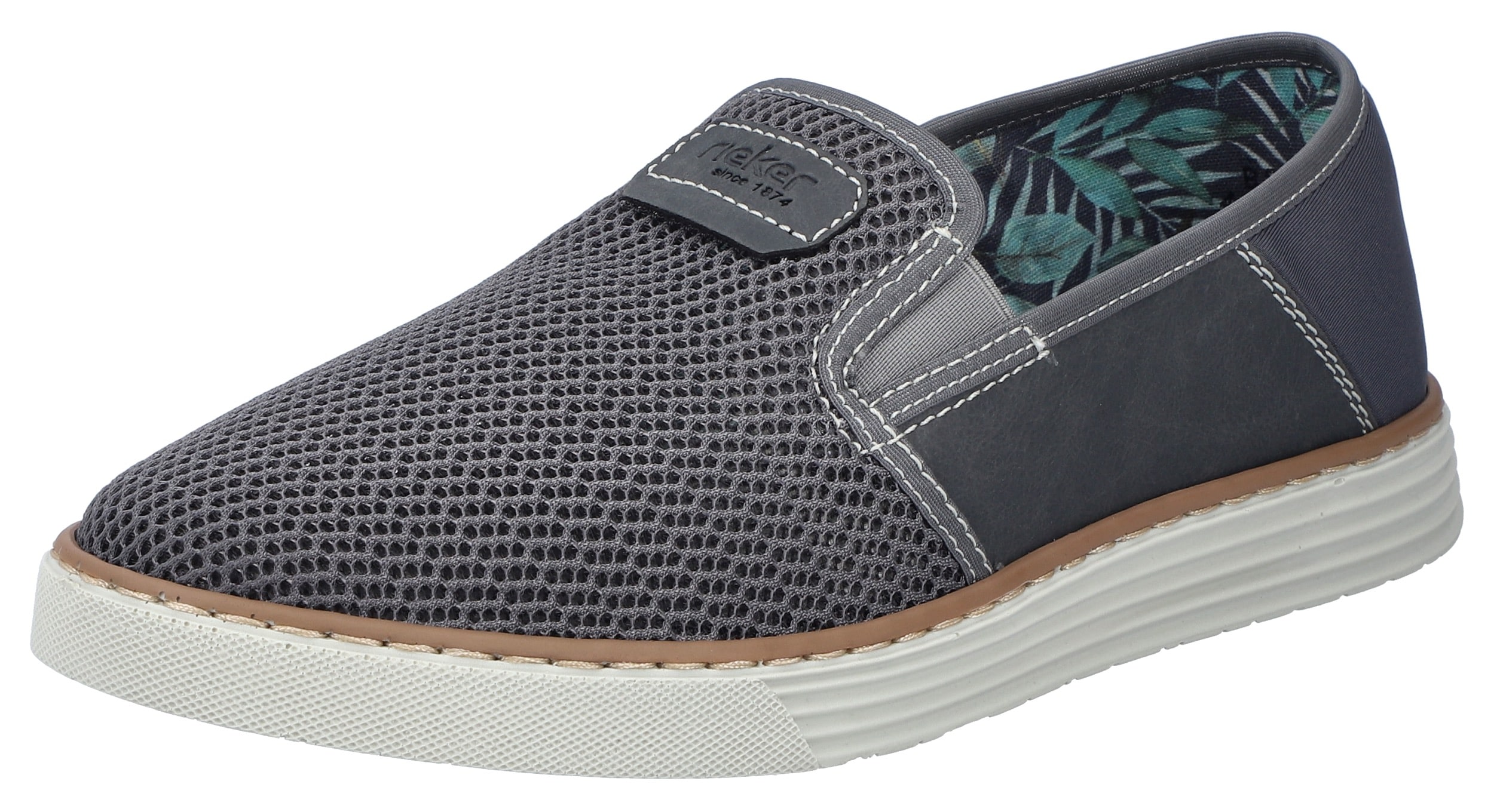 Slipper RIEKER, Herren, Gr. 46, grau (dunkelgrau), Lederimitat, Textil, Schuhe Slipper, Espadrilles, Sommerschuh mit kontrastfarbenen Ziernähten