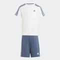 Trainingsanzug ADIDAS SPORTSWEAR "ESSENTIALS 3STREIFEN SET AUS UND SHORTS" Gr. 128, blau (white, preloved ink) Kinder Sportanzüge Trainingsanzüge