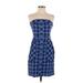 Kensie Cocktail Dress - Sheath Strapless Sleeveless: Blue Checkered/Gingham Dresses - Women's Size Small