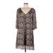 Bobeau Casual Dress - Shift V-Neck 3/4 sleeves: Brown Floral Motif Dresses - Women's Size Medium