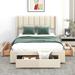 Full Size Upholstered Platform Bed with One Large Drawer in the Footboard and Drawer on Each Side
