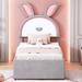 Twin Size Upholstered Platform Bed with Trundle and 3 Drawers, Rabbit-Shaped Headboard with Embedded LED Lights