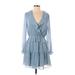 Gianni Bini Casual Dress - Mini Plunge Long sleeves: Blue Solid Dresses - Women's Size Small