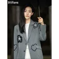 Korean Women Gray Three-dimensional Flower Heart Embroidery Blazers Suit Women Loose Casual Beading