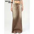 Rockmore Tie Dye Denim Long Skirt Vintage Women Irregular Waist Straight Maxi Skirt Fashion femme