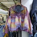 Fashion Diamond Denim Jacket Coat Women Loose Short Cowboy Outerwear Tie Dye Gradient Color Mesh