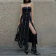 Goth Dark-Robes mi-longues zippées pour femmes Robe tube fendue gothique Tenues punk Off