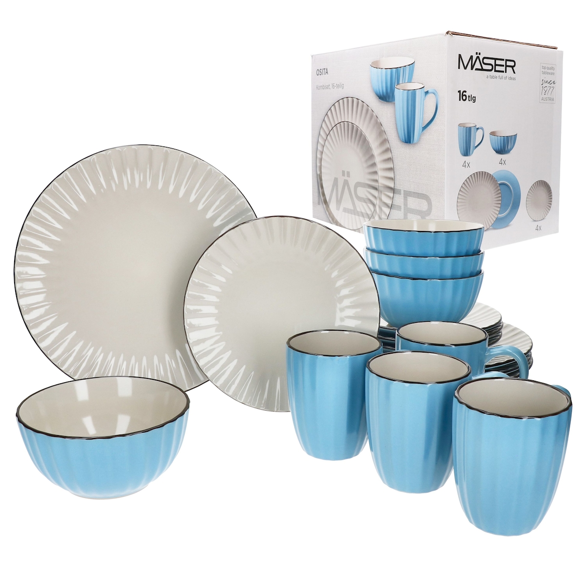 OSITA Hellblau Weiß 16tlg Kombiservice Steingut 4 Pers. Becher Schalen Teller Relief Image