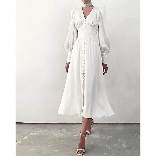 Vintage 1950er Kleid Kleines weißes Kleid Braut Puffärmel Einfarbig A-Linie V Ausschnitt Kostüm Damen Maskerade Hochzeit Brautparty Junggesellinnenabschiedsparty Erwachsene Kleid Abschlussballkleider Image