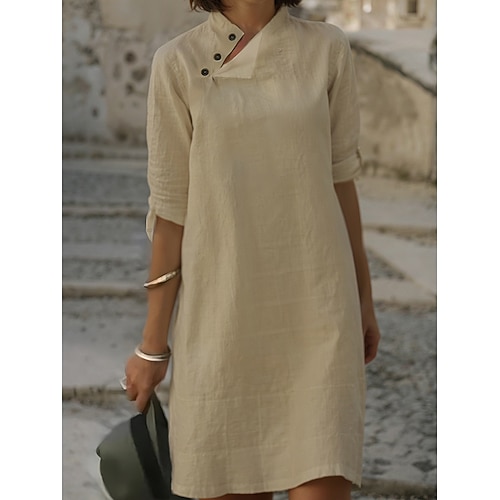 Damen Schwarz Weiß Rosa Sommer Frühling Minikleid Weißes Kleid Hemdblusenkleid Baumwoll-Leinenkleid Basic Täglich Wochenende Normale Passform Blumen Einfach Stehkragen Image