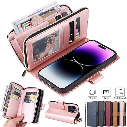 Handy Hülle Handyhüllen Für Samsung Galaxy S25 S23 S23 FE S22 S21 Ultra Plus A53 A13 A32 Brieftaschenhülle Mit Ständer Magnetisch Reisverschluss Retro TPU Metall PU-Leder Image