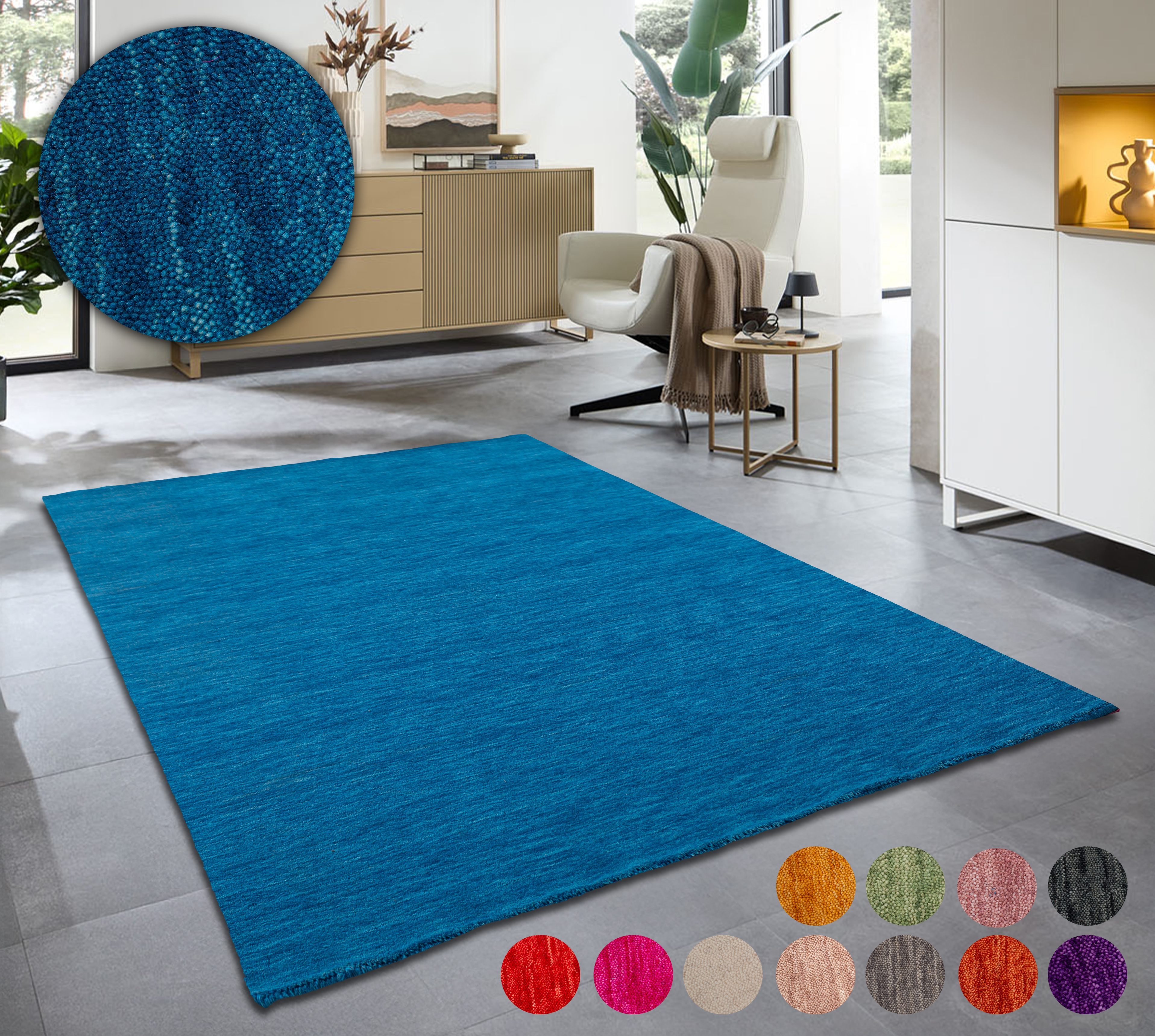 Wollteppich MY HOME "Karchau", blau, B:140cm H:13mm L:200cm, Schurwolle, Teppiche, Handweb Teppich, meliert, reine Wolle, handgewebt, brilliante Farben Image