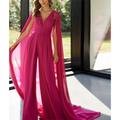 Jumpsuit / Pantsuit Mother of the Bride Dress Formal Wedding Guest Elegant Vintage V Neck Floor Length Detachable Chiffon Sleeveless with Pleats Solid Color 2024 blue wedding guest dress