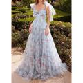 A-Line Prom Dresses Blue Princess Dress Prom Court Train Sleeveless Chiffon with Floral Ruffles Print 2024