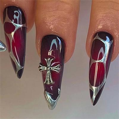 MISUD Stiletto Press on Nails Long Almond Fake Nails Glossy Glue on Goth Nails Silver French Tip Acrylic Nails Red Black Ombre Artificial Nails 3D Cross Rhinestone Stick on False Nails 24 pcs