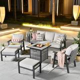 HOOOWOOO Outdoor 6 Piece Modern Conversation Set with 3 Seat Sofa 2 PCS All-Weather Wicker Chair Tempered Glass Top Table and Ottoman Footstool Dark Grey Cushions