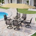 VILLA Patio Dining Set with Umbrella for 6 Person 1 Large Rectangular Woode-Like Top Table & 6 Swivel Patio Dining Chairs Set with 13ft Outdoor Market Umbrella(No Base) Beige