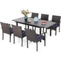 & William Outdoor Patio 7 Pieces Dining Set with 6 PE Rattan Chairs and 1 Rectangle Expandable Metal Table Modern Outdoor Furniture with Seat Cushions for Poolside Porch Patio Bal